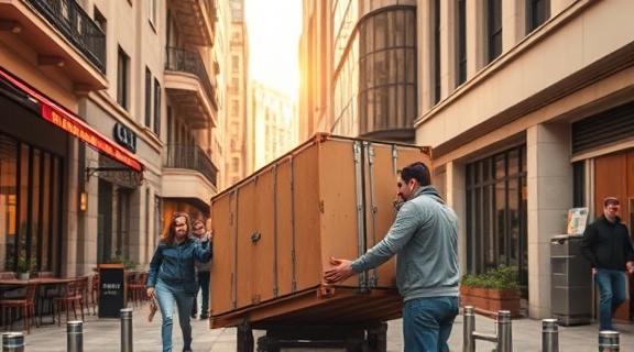 streamlined commercial relocation, attentive, securing fragile office equipment, photorealistic, bustling downtown area with cafes and shops, highly detailed, active scene with clear logistics processes, strong contrasts, warm colors, morning sun lighting, shot with a 70mm lens