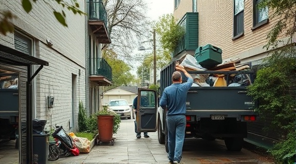 busy cleanout process, teamwork with combined effort, hauling junk to truck, photorealistic, alleyway with parked vehicle, highly detailed, fluttering leaves, wide-angle capture, muted colors, cloudy daylight, shot with a 35mm lens