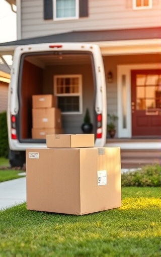 precise residential unloading, focused, carefully placing a box down, photorealistic, new home with a neatly arranged front yard, highly detailed, light reflections on boxes, sharp details, golden hour lighting, shot with a 35mm lens