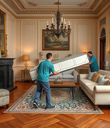 comprehensive furniture removal, concentrated team, handling large pieces of furniture, photorealistic, spacious living room with ornate decor, highly detailed, moving furniture pads, crisp focus, rich wood tones, overhead lighting, shot with a 50mm lens