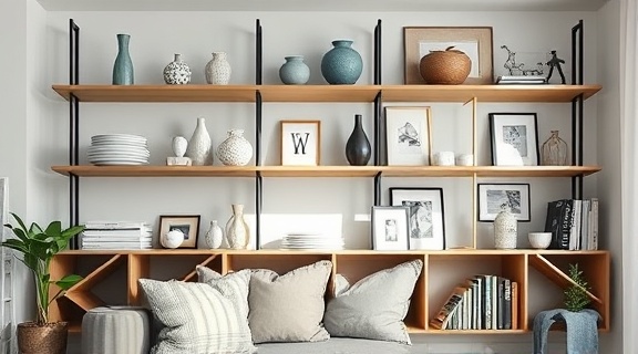 Modern storage shelves, minimal clutter, displaying decorative items, photorealistic, chic living room with a Scandinavian design, highly detailed, vases and picture frames, macro photography, cool tones, natural sunlight, shot with a 24mm lens.