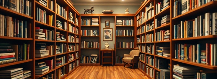 Sturdy storage shelves, well-arranged, housing books, photorealistic, cozy home library with wooden floor, highly detailed, books and trinkets, depth of field, warm colors, soft diffused lighting, shot with a 50mm lens.