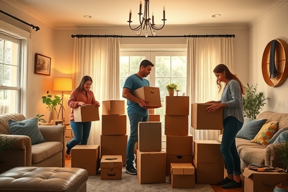 interior of a house, people arranging moving boxes, photorealistic, cozy living room with personal items, highly detailed, action in mid-motion, warm and inviting colors, soft interior lighting, shot with a 35mm lens