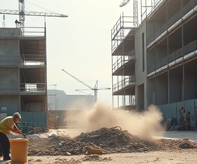 energetic employees removing debris, efficient, sweeping up waste, photorealistic, construction site with scaffolding, highly detailed, dirt being kicked up, 4K clarity, neutral colors, bright afternoon sun, shot with a standard lens