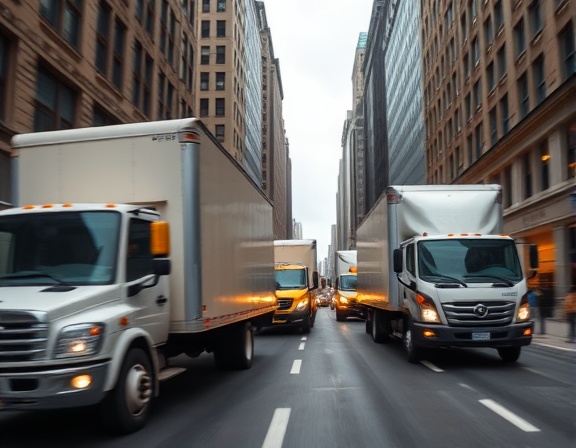 relocated moving company, new beginnings, moving office furniture, photorealistic, bustling city street, highly detailed, motion blur of trucks, 24-70mm zoom lens, vibrant colors, overcast lighting, shot with a Nikon D850