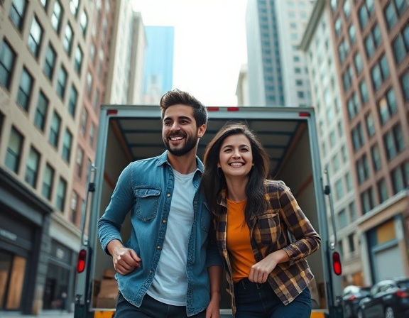 young couple, smiling faces, loading a moving truck, photorealistic, urban setting with high-rise buildings, highly detailed, movement and interaction captured, sharp contrasts and vibrant urban colors, soft afternoon light, shot with a 24mm lens