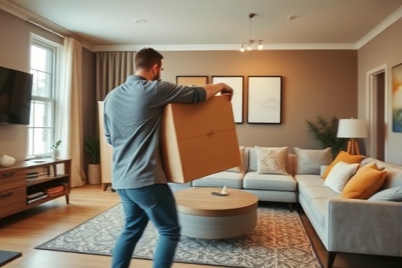 hardworking mover, focused, lifting furniture, photorealistic, spacious living room with modern decor, highly detailed, motion blur of activity, high resolution, earthy tones, soft indoor lighting, shot with a 35mm lens