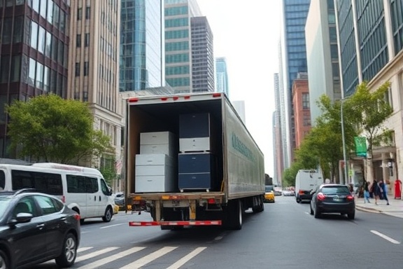 efficient commercial relocation, focused, loading office equipment onto a truck, photorealistic, urban setting with skyscrapers and green spaces, highly detailed, moving vehicles and pedestrians, crisp resolution, neutral tones, soft afternoon light, shot with a 35mm lens