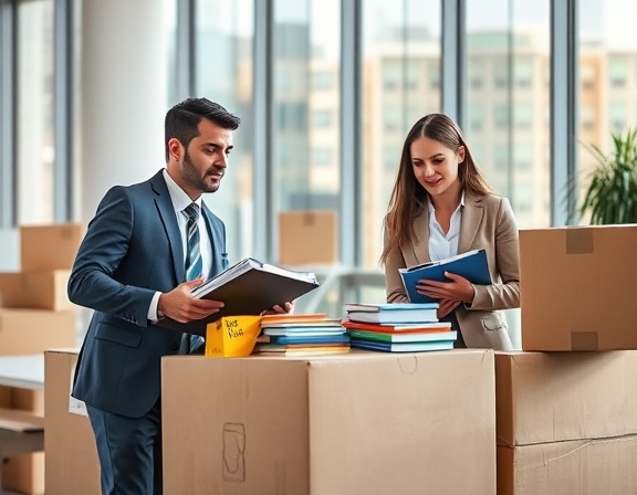 corporate moving expertise, confident, packing important files and documents, photorealistic, contemporary office background with large windows, highly detailed, dynamic employee interactions, high-definition clarity, subtle hues, bright interior lighting, shot with an 85mm lens