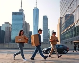 pioneering company moving, adaptive strategy, evolving, photorealistic, skyscrapers in the background, highly detailed, people carrying boxes, 35mm f/1.4 lens, crisp colors, soft afternoon glow, shot with a Fujifilm GFX 100