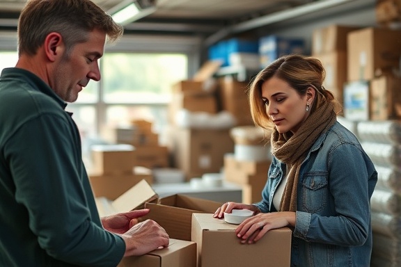 Focused packing supplies, thoughtful expressions, arranging items neatly, photorealistic, garage filled with supplies, highly detailed, rolls of packing tape and bubble wrap, f/3.5 aperture, soft morning light, shot with a 35mm lens.