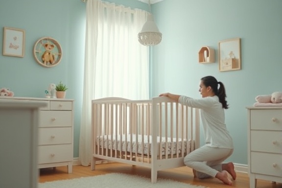 young parents, content, setting up the nursery, photorealistic, pastel-colored baby room, highly detailed, crib assembly action, super sharp, pastel and warm tones, diffused sunlight, shot with a 50mm lens