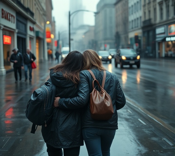 friends, supportive, helping to move in heavy rain, photorealistic, wet street with puddles, highly detailed, glistening surfaces and wet clothes, 4K detail, cool and dark tones, overcast light, shot with a 24mm lens