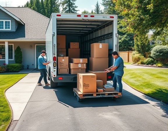 organized residential transportation, determined, loading a moving truck, photorealistic, driveway with a well-kept lawn, highly detailed, moving boxes shifting slightly in transit, focused, midday sunlight, shot with a 24mm lens