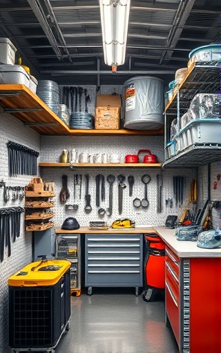 Versatile storage organization, impeccable order, organizing tools, photorealistic, spacious garage workshop with various equipment, highly detailed, tools and hardware, high resolution, metallic and neutral tones, bright overhead lighting, shot with an 85mm lens.