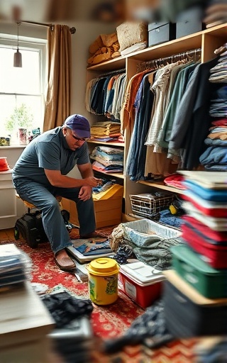 swift hoarding declutter, focused expression, sorting belongings, photorealistic, bedroom with cluttered floor and packed closet, highly detailed, movement blur from quick actions, vibrant hues, natural lighting through window, shot with a macro lens