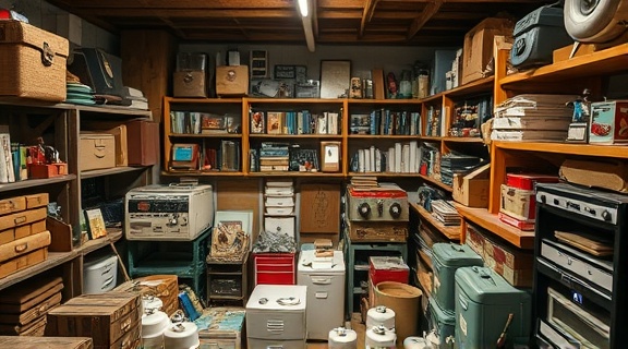 strategic hoarding organization, efficient demeanor, categorizing items, photorealistic, basement packed with vintage collectibles, highly detailed, item details being highlighted, earthy tones, soft ambient lighting, shot with a 50mm prime lens