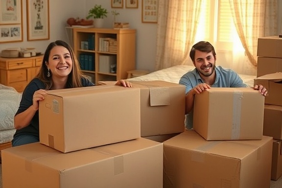 Relaxed packing boxes, smiling expressions, securing boxes with tape, photorealistic, cozy bedroom with personal belongings, highly detailed, various sized boxes, f/3.2 aperture, warm afternoon light, shot with a 40mm lens.