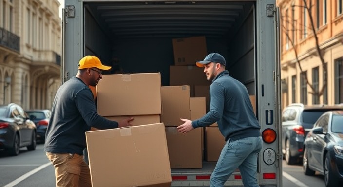 professional movers, determined, loading boxes into a truck, photorealistic, busy street with parked cars, highly detailed, dynamic positioning, 8K, cool tones, midday sun, shot with a 70-200mm lens