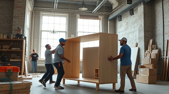 busy movers, efficient, assembling a piece of furniture, photorealistic, spacious loft with high ceilings, highly detailed, visible toolkit, detailed textures, muted colors, soft natural light, shot with a 35mm lens