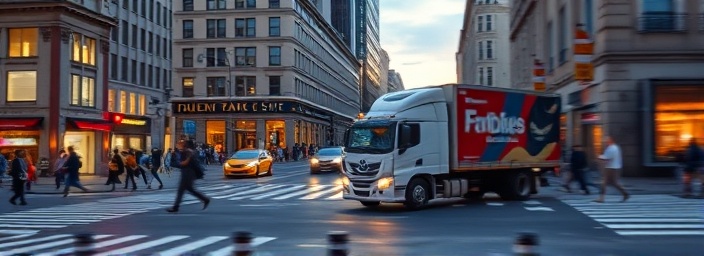 busy intersection, moving truck turning corner, photorealistic, bustling cityscape with pedestrians and cars, highly detailed, dynamic motion with slight blur, rich and varied city hues, twilight with dynamic street lighting, shot with an 18mm lens