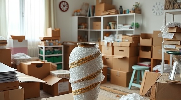 meticulous residential packing, concentrated, wrapping a vase in bubble wrap, photorealistic, cluttered room full of packing supplies, highly detailed, slight mess for authenticity, clean white light, shot with a 85mm lens