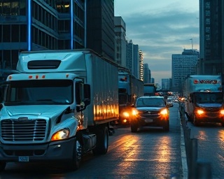 24/7 moving history, around the clock service, excellently moving, photorealistic, urban landscape with moving trucks, highly detailed, headlights streaking, 85mm prime lens, cool tones, twilight lighting, shot with a Canon EOS 1D X