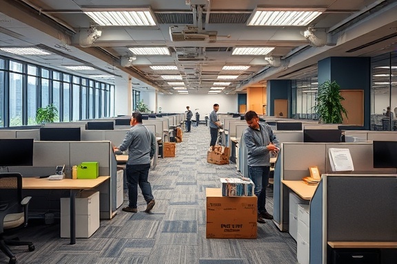 office moving solutions, diligent, arranging cubicles and workstations, photorealistic, spacious office environment with modern decor, highly detailed, varied activities of movers, fine textures, rich colors, mixed lighting sources, shot with a 24mm lens