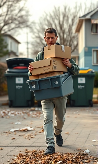 efficient trash removal, determined expression, carrying stacks of boxes, photorealistic, driveway with filled trash bins, highly detailed, scattering debris, sharp focus, neutral colors, early morning light, shot with an 85mm lens