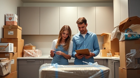 young couple, focused, wrapping fragile items, photorealistic, kitchen filled with boxes and bubble wrap, highly detailed, cluttered space, ultra HD, neutral colors, under-cabinet lighting, shot with a 50mm lens