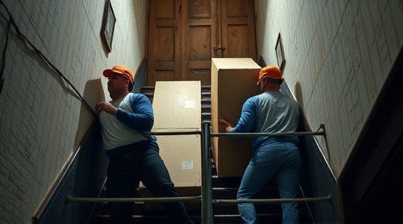 hands-on movers, diligent, maneuvering heavy objects, photorealistic, cramped staircase in an old building, highly detailed, visible sweat and effort, crystal clear, soft blue tint, dim indoor light, shot with an 85mm lens