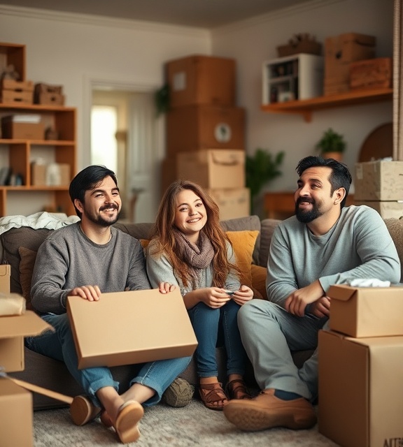 small family, cozy, having a break amidst unpacking, photorealistic, cluttered living room with boxes, highly detailed, expressions of relief and contentment, high resolution, warm colors, soft interior light, shot with a 35mm lens