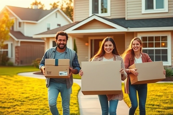 family at a new house, excited expressions, carrying moving boxes, photorealistic, cozy neighborhood with neatly trimmed lawns, highly detailed, sense of joy and anticipation, vibrant colors in clothing and environment, golden hour lighting, shot with a 50mm lens