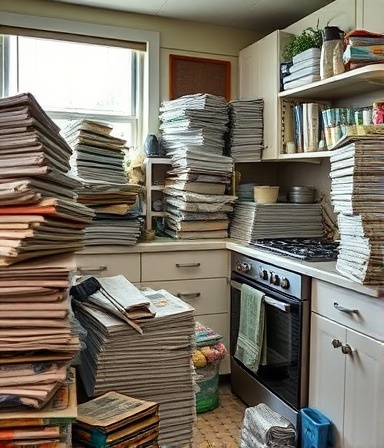 systematic hoarding services, professional attitude, assessing the mess, photorealistic, cluttered kitchen with stacks of old newspapers and dishes, highly detailed, reflections on surfaces, balanced colors, diffused lighting, shot with a 35mm lens