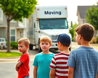 neighborhood kids, curious, watching movers, photorealistic, suburban street with moving truck, highly detailed, expressions of wonder, high resolution, bright colors, midday natural light, shot with a 24-70mm lens