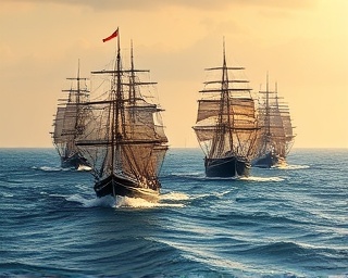 historical shipping fleet, maritime legacy, sailing, photorealistic, open ocean with vintage ships, highly detailed, waves crashing, 70-200mm telephoto lens, rich blues, golden hour, shot with a Sony A7R IV