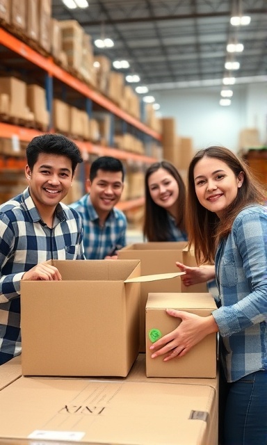 Coordinated packing team, cheerful expressions, assembling boxes, photorealistic, spacious warehouse with shelves, highly detailed, teamwork in action, f/4.0 aperture, overhead lighting, shot with a 28mm lens.