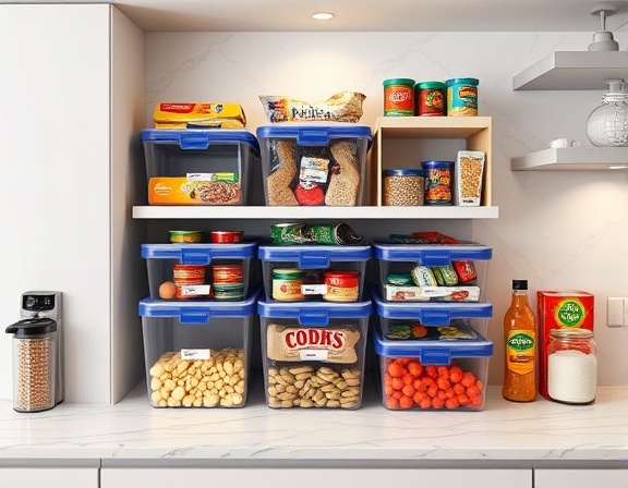 Practical storage containers, organized layout, storing kitchen pantry goods, photorealistic, contemporary kitchen with marble countertops, highly detailed, various food items, high dynamic range, vibrant hues, overhead lighting, shot with a 24mm lens.