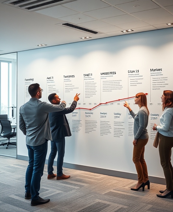 evolving company timeline, progression and growth, steadily moving forward, photorealistic, office interior with timeline wall, highly detailed, people pointing at milestones, 24-105mm zoom lens, neutral colors, soft indoor lighting, shot with a Canon EOS R5