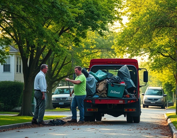 dedicated team removing trash, focused, loading debris into truck, photorealistic, suburban street with lush green trees, highly detailed, wind blowing leaves, ultra-sharp quality, earthy tones, soft morning light, shot with a telephoto lens