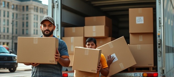 Dynamic packing movers, determined expressions, loading truck, photorealistic, street view with a moving truck, highly detailed, lifting heavy objects, f/2.8 aperture, harsh midday light, shot with a 24mm lens.