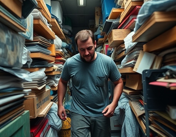 overwhelming hoarding removal, serious effort, removing large items, photorealistic, narrow hallway filled with clutter, highly detailed, sweat drops on person, realistic, cool shades, harsh overhead lighting, shot with a telephoto lens