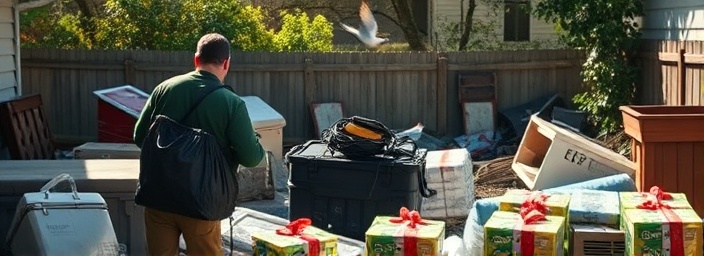 challenging estate junk disposal, unrelenting effort, lifting heavy bags, photorealistic, backyard filled with discarded items, highly detailed, flying birds, shallow depth of field, earthy tones, dappled sunlight, shot with a 35mm lens