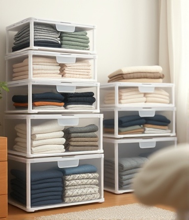 Compact storage boxes, systematic arrangement, stacking clothes, photorealistic, tidy bedroom with a minimalist aesthetic, highly detailed, folded garments, bokeh effect, pastel shades, soft morning light, shot with a 35mm lens.