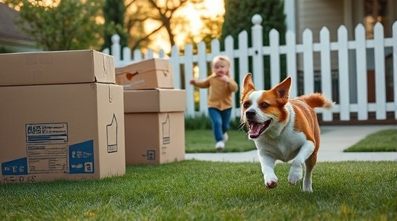 child and dog, excited expressions, running towards moving boxes, photorealistic, suburban front yard with a picket fence, highly detailed, dynamic and playful elements, natural and vibrant colors, late afternoon sunlight, shot with a 50mm lens