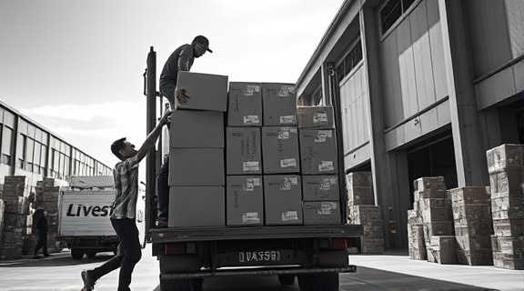 moving team, energetic, stacking boxes in a truck, photorealistic, industrial warehouse area, highly detailed, varied box sizes, high contrast, monochrome, bright sunlight, shot with a 24-70mm lens