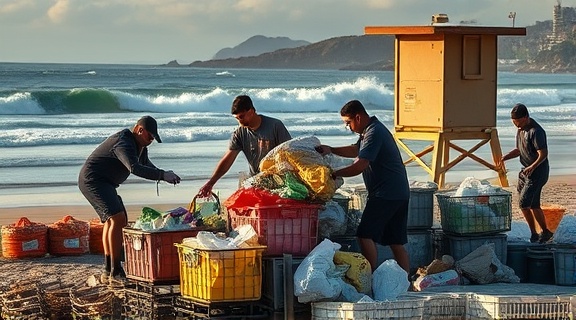 meticulous crew removing waste, careful, sorting recyclable items, photorealistic, coastal beach with lifeguard tower, highly detailed, waves crashing in background, high-definition, vivid colors, golden hour lighting, shot with a macro lens