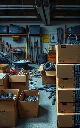 methodical estate cleanout, careful sorting, placing items in boxes, photorealistic, garage with scattered tools and objects, highly detailed, specks of dust, macro shot, cool tones, incandescent lighting, shot with a 24-70mm lens