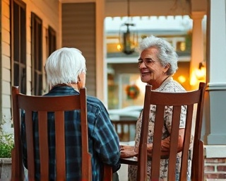 elderly couple, nostalgic, saying goodbye to old home, photorealistic, quaint front porch with rocking chairs, highly detailed, soft smiles, super clear, warm autumn hues, evening light, shot with a 50mm lens