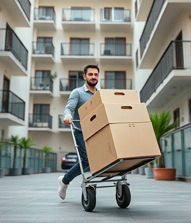 efficient residential relocation, confident, guiding a hand truck loaded with boxes, photorealistic, apartment complex with balconies, highly detailed, slight motion blur on moving objects, vibrant color, soft natural light, shot with a 28mm lens